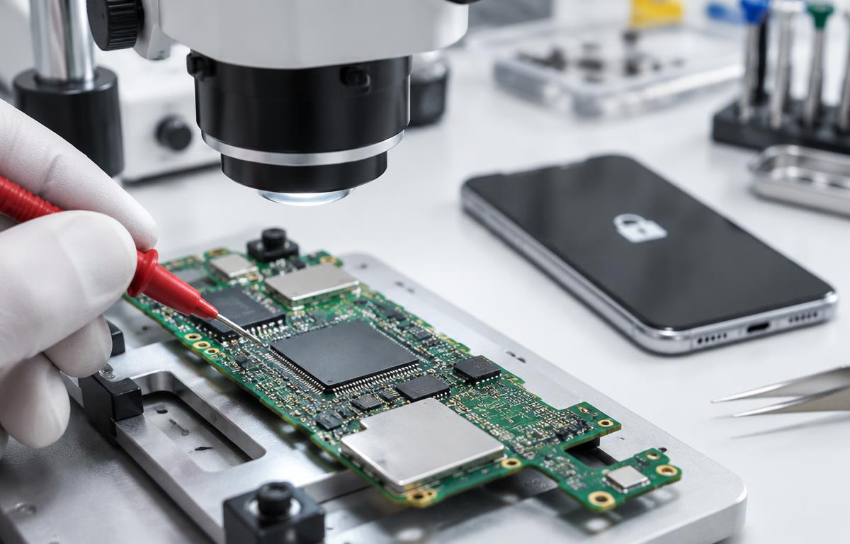 KI-Illustration einer Smartphone-Platine unter einem Mikroskop neben einem gesperrten Telefon