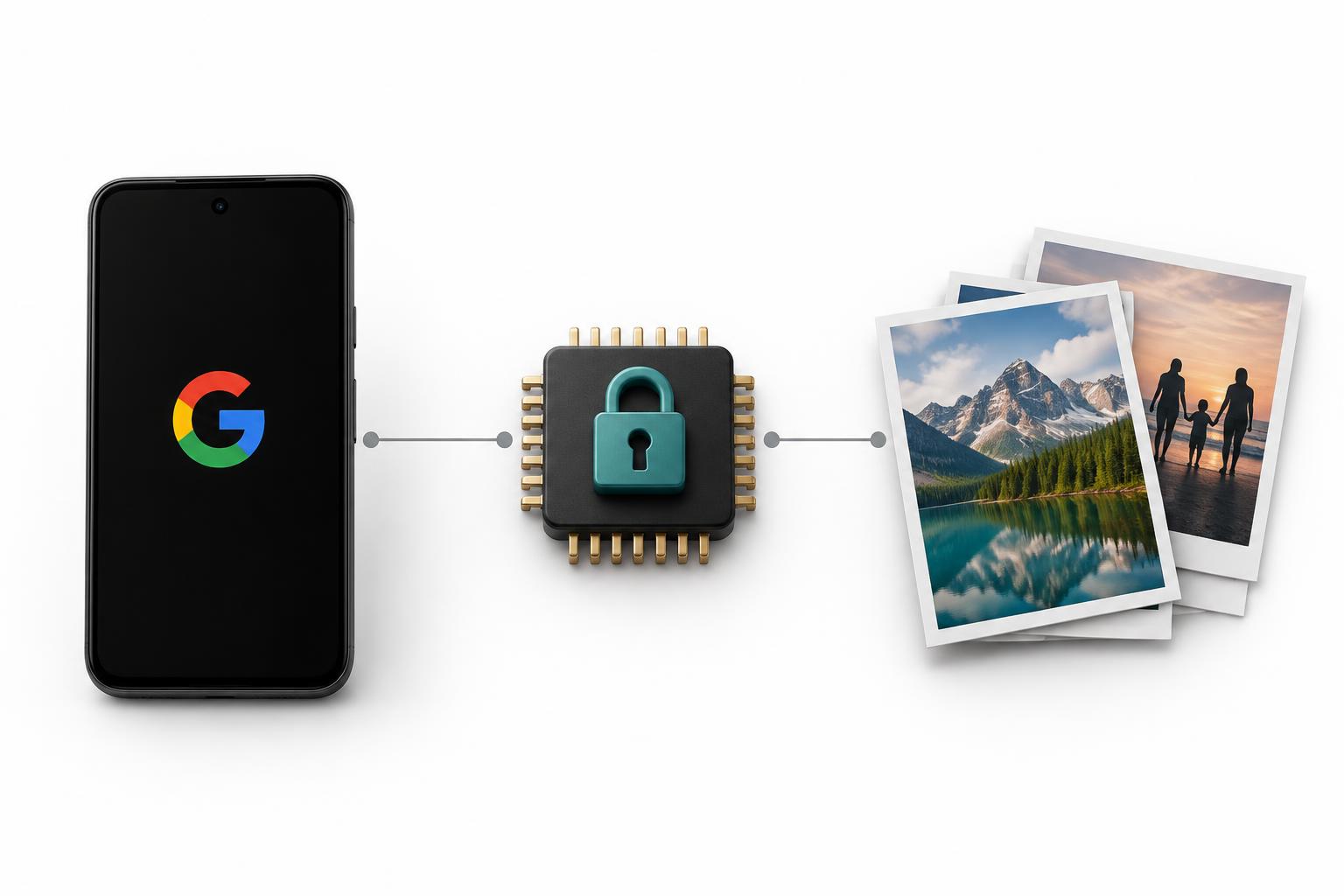 Symbolische Darstellung: Pixel, Sicherheitschip und verschlüsselte persönliche Fotos
