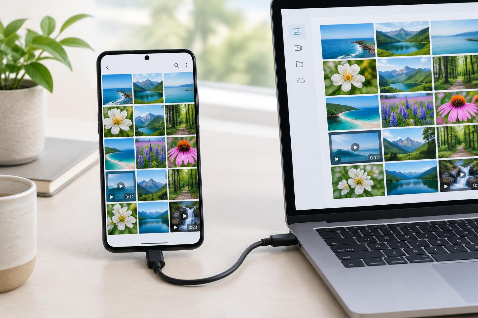 Illustration eines Android-Smartphones mit zugänglicher Fotogalerie und Datensicherung am Laptop