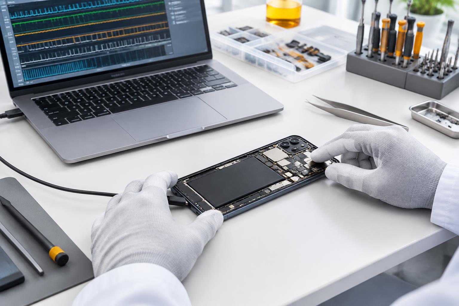 Illustrative Werkstattszene zur Diagnose eines Android-Smartphones
